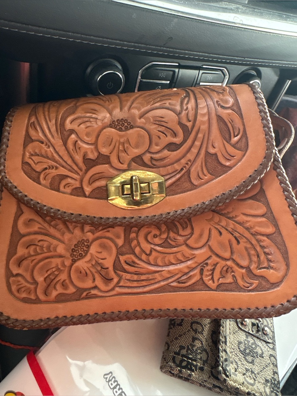Gorgeous Tooled Leather Handbag Purse 👜 Structured Lunchbox Braided Strap